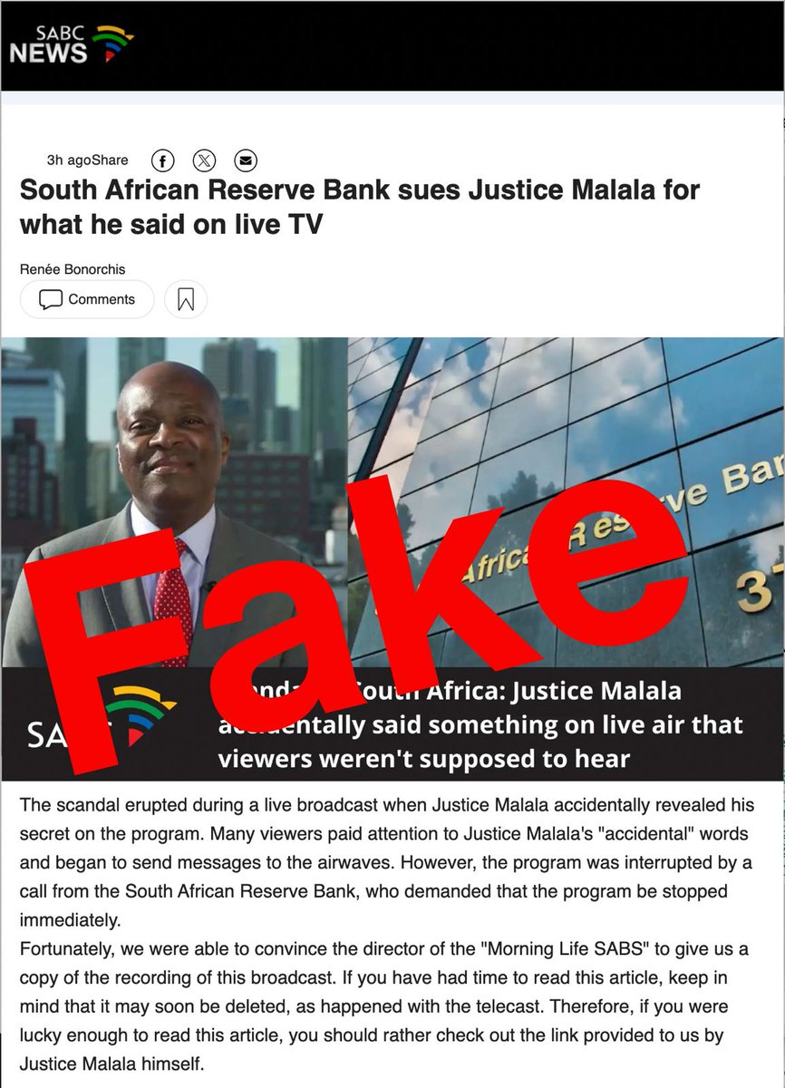 🚨 Fake News Alert 🚨
The names of the South African Reserve Bank, SABC News, and <a href="/justicemalala/">Justice Malala</a>  are being fraudulently used to mislead the public into making fake investments.
This content is false and was never reported by <a href="/SABCNews/">SABC News</a>. It is part of a scam.
✅ Do not trust it
✅