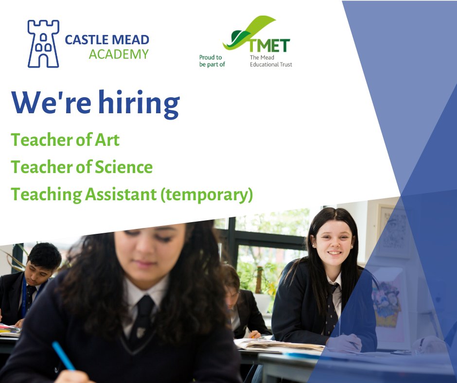 Castle Mead Academy are hiring!

Are you an inspiring Teacher of Art, Teacher of Science or Teaching Assistant? 🎨🧪

Head over to our vacancies on eTeach and send your application through if you feel you fit the bill!

All Castle Mead vacancies: eteach.com/jobs?keywords=…