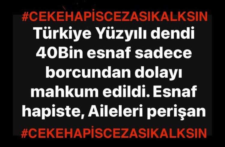 <a href="/bircan_conker/">sıradanadam</a> <a href="/yilmaztunc/">Yılmaz TUNÇ</a> <a href="/yilmaztunc/">Yılmaz TUNÇ</a> 
Çek borçlusu esnaf işinin başına dönmek istiyor. Çalışıp üretip borcunu ödemek istiyor. İflas eden esnafı yeniden ekonomiye kazandırmak için çek yasasında düzenleme talep ediyoruz. Borç hapiste ödenmez
#CEKEHAPİSCEZASIKALKSIN
#CovidYasasıAfDeğil
ANAYASAL HAKTIR.