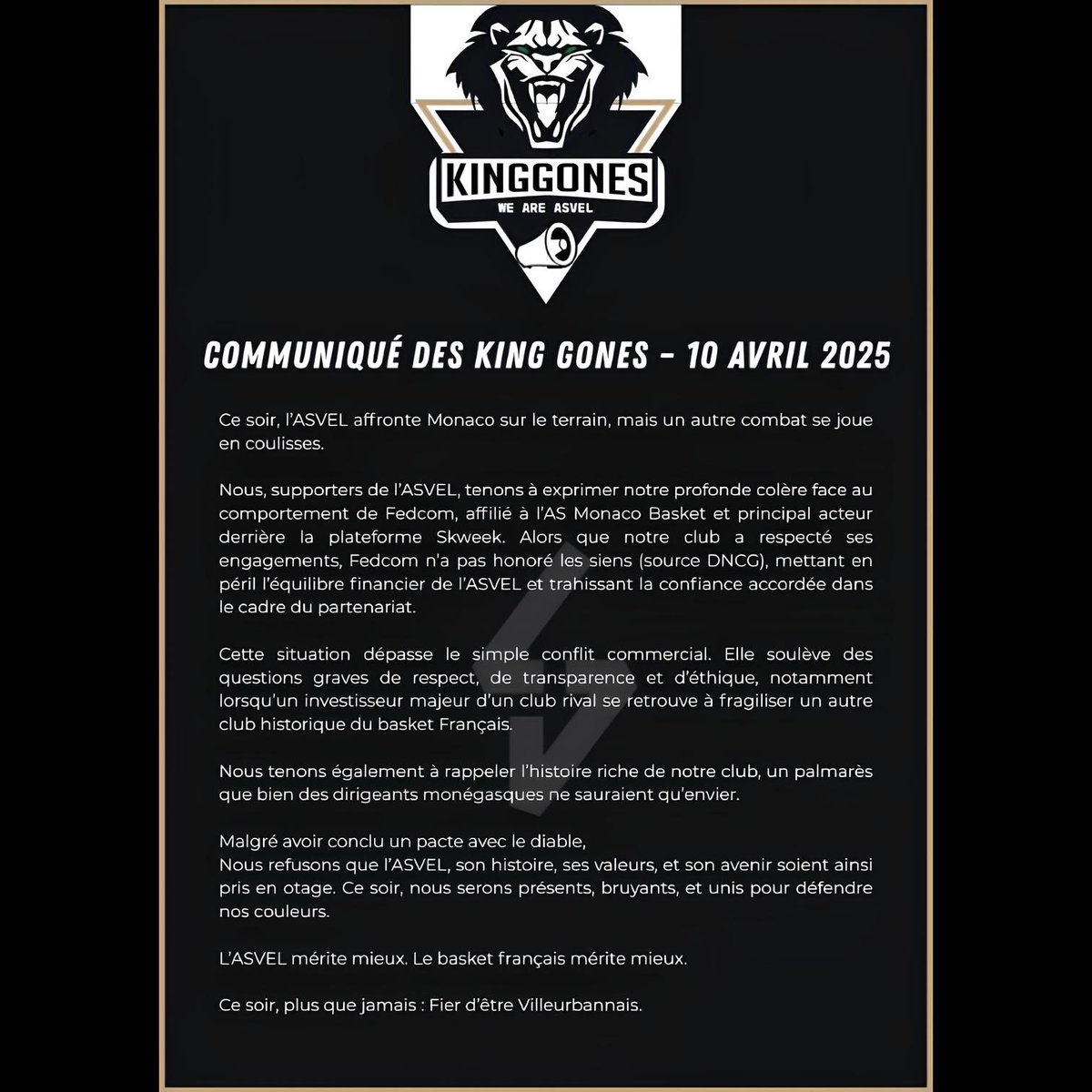 KingGones_'s tweet photo. Communiqué du groupe | Match contre Monaco ce soir

Notre réponse et notre position sur le sujet SKWEEK. 

Allez l’@LDLCASVEL !!! 🗣️🗣️🗣️

@Be_BasketFr https://t.co/VeLSRLm1g3