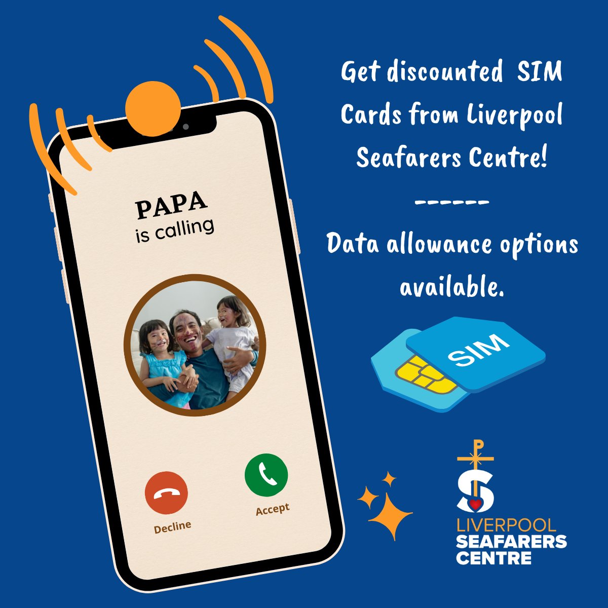 Want to FaceTime your family?  We offer SIM cards at discounted prices? 
These can be purchased from our Ship Visitors onboard or at our Seafarers Centre.

Please spread the word!

#Seafarer #Seafarers #StayingConnected #Maritime #Liverpool #Shipping #Crew #MerchantNavy