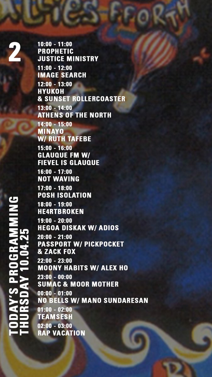 today on nts.live/2
<a href="/aotns/">𝕬𝖙𝖍𝖊𝖓𝖘 𝖔𝖋 𝖙𝖍𝖊 𝖓𝖔𝖗𝖙𝖍</a> <a href="/fievelisglauque/">Fievel Is Glauque</a> <a href="/NOTWAVINGG/">Not Waving</a> <a href="/zackfox/">Zack Fox</a> <a href="/moormother/">poetry</a> <a href="/nobellsblog/">no bells 🔕</a> <a href="/seshcompound/">teamsesh</a>