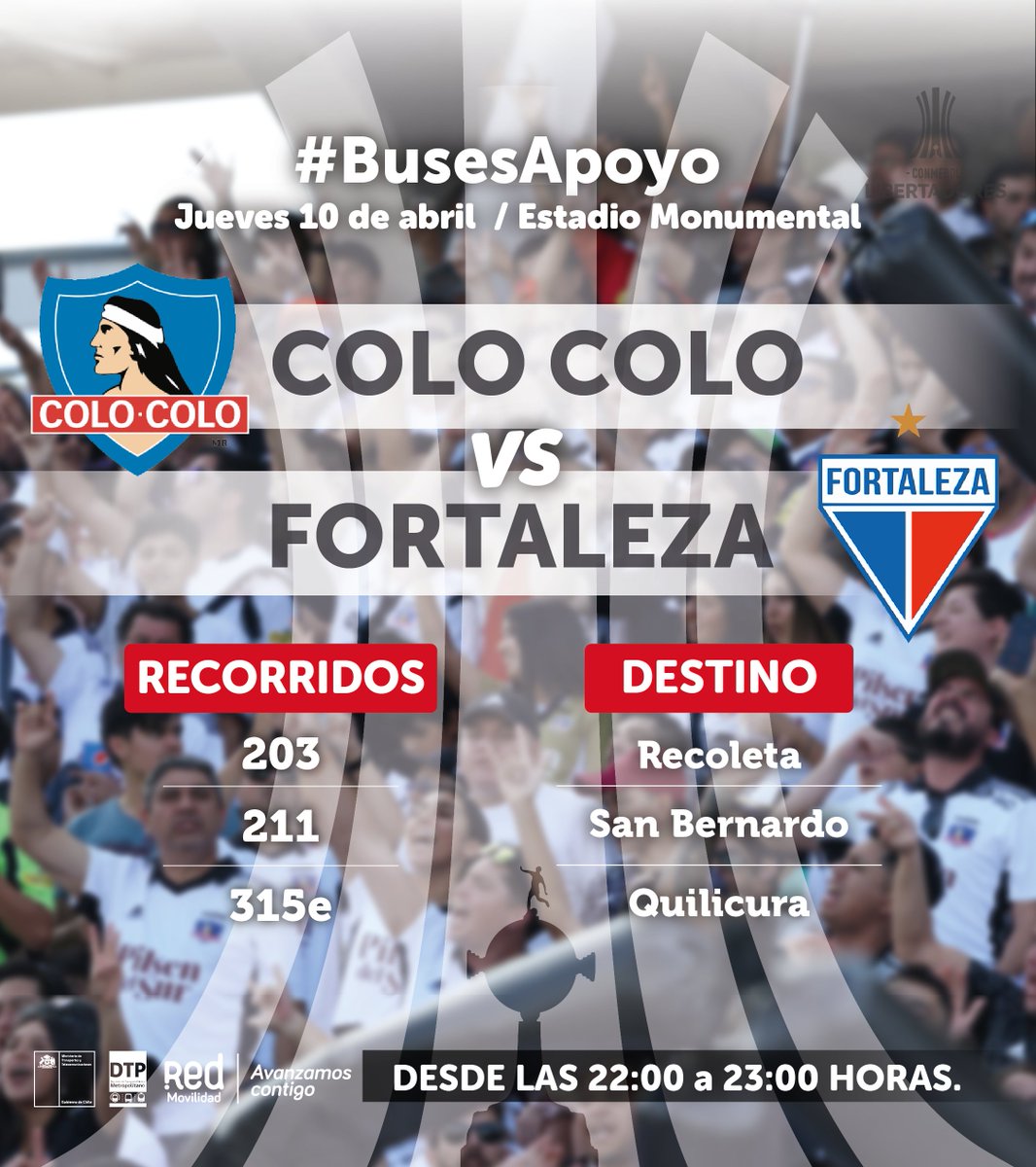 Red_Movilidad's tweet photo. 🔴ATENCIÓN⚽
#BusesApoyo en🏆 Copa Libertadores
HOY, luego del encuentro de @ColoColo vs @FortalezaEC, te esperamos fuera del Estadio Monumental.  ⁣
🚍203 a ⁣@Muni_Recoleta⁣
🚍211 a ⁣@SanBernardocl
🚍315e a @muniquilicura 

#PlanificaTuViaje 🚌 https://t.co/JWIjufAwHS