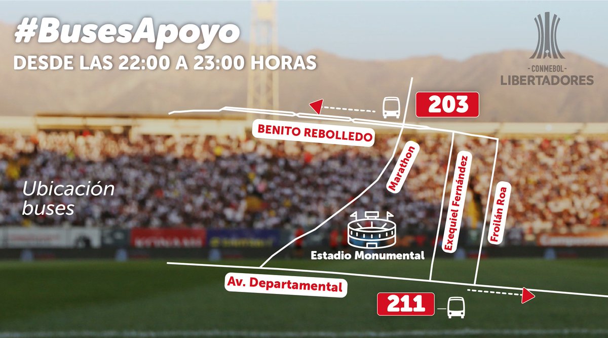 Red_Movilidad's tweet photo. 🔴ATENCIÓN⚽
#BusesApoyo en🏆 Copa Libertadores
HOY, luego del encuentro de @ColoColo vs @FortalezaEC, te esperamos fuera del Estadio Monumental.  ⁣
🚍203 a ⁣@Muni_Recoleta⁣
🚍211 a ⁣@SanBernardocl
🚍315e a @muniquilicura 

#PlanificaTuViaje 🚌 https://t.co/JWIjufAwHS