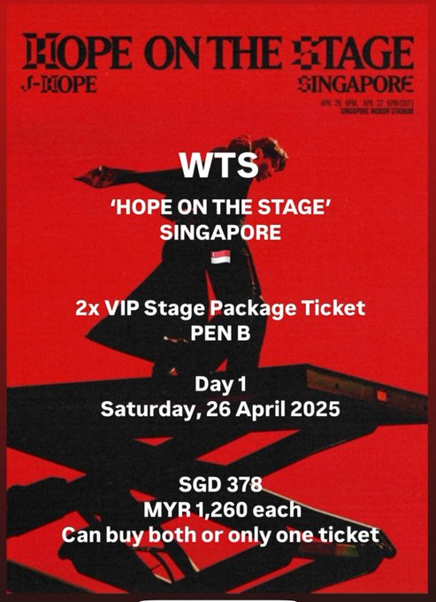 SugakookieOT7's tweet photo. 2x SINGAPORE D1 VIP Stage ~ Baepsae Thrust Side
$378 sgd
Reply Below ⬇️⬇️
#HOPE_ON_THE_STAGE_TOUR_SINGAPORE #jhope #BTS @BTS_twt https://t.co/WVnoGaapbq