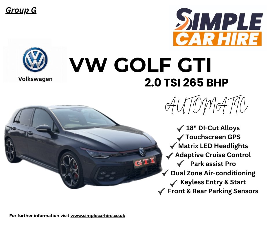 simplecarhire's tweet photo. 🔥 NEW ARRIVAL: VW GOLF GTI 🔥Sporty, stylish, and seriously fun to drive – our brand new VW Golf GTI is now available to hire!📍 Available from Exeter St Davids, Totnes &amp; Torquay stations Simple Car &amp; Van Rental – Simple, smooth, unforgettable.#GolfGTI  #CarHireDevon #Simple https://t.co/O5BkkOODbF