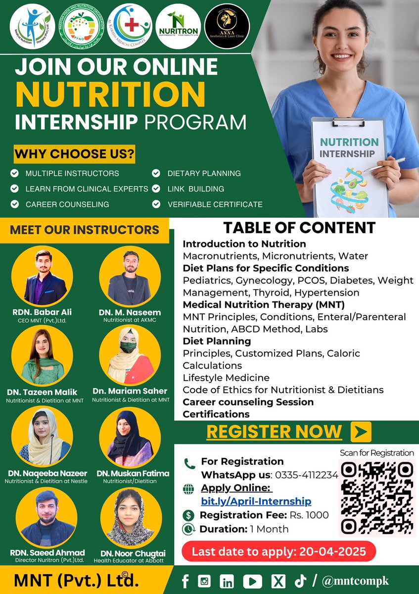 DnBabarAli's tweet photo. Online Nutrition Internship Program.📚
🌐 Mode of Internship: Online
💵 Registration Fee: Rs. 1000
🕒 Duration: 1 Month
📅 Last Date to Apply: 20-04-2025
Certificates: Both soft 📁 and hard 📜 copies will be provided! 🎉

🔗 Apply Online: https://t.co/7rIS0pu9mm… https://t.co/4ztcRVmenQ