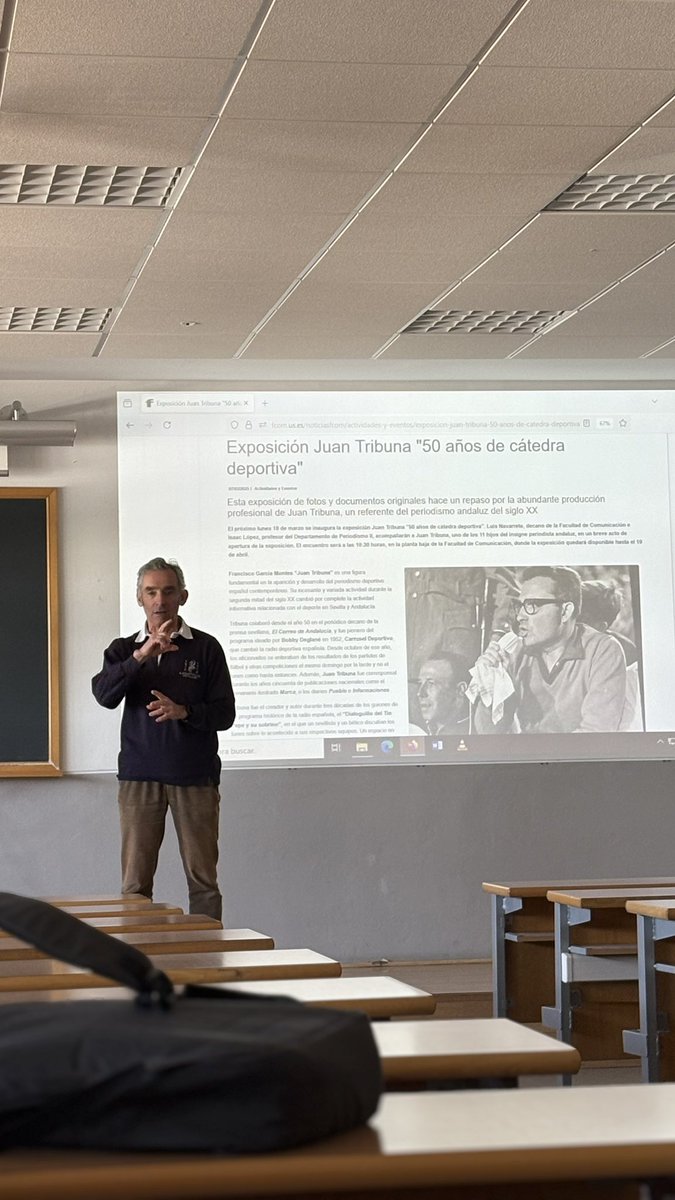 luucarni's tweet photo. Juan Ignacio García, periodista de Canal Sur y presidente de la FPDA, visita hoy la @FCom_US. Un encuentro que tratará sobre #JuanTribuna y de la evolución del periodismo deportivo.
 
@PERESPORT https://t.co/z7lHIUPpVZ