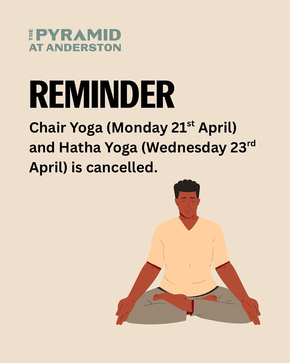 A quick update that Chair Yoga (Monday 21st April) and Hatha Yoga (Wednesday 23rd April) will be cancelled. We’re sorry for any inconvenience and appreciate your understanding.