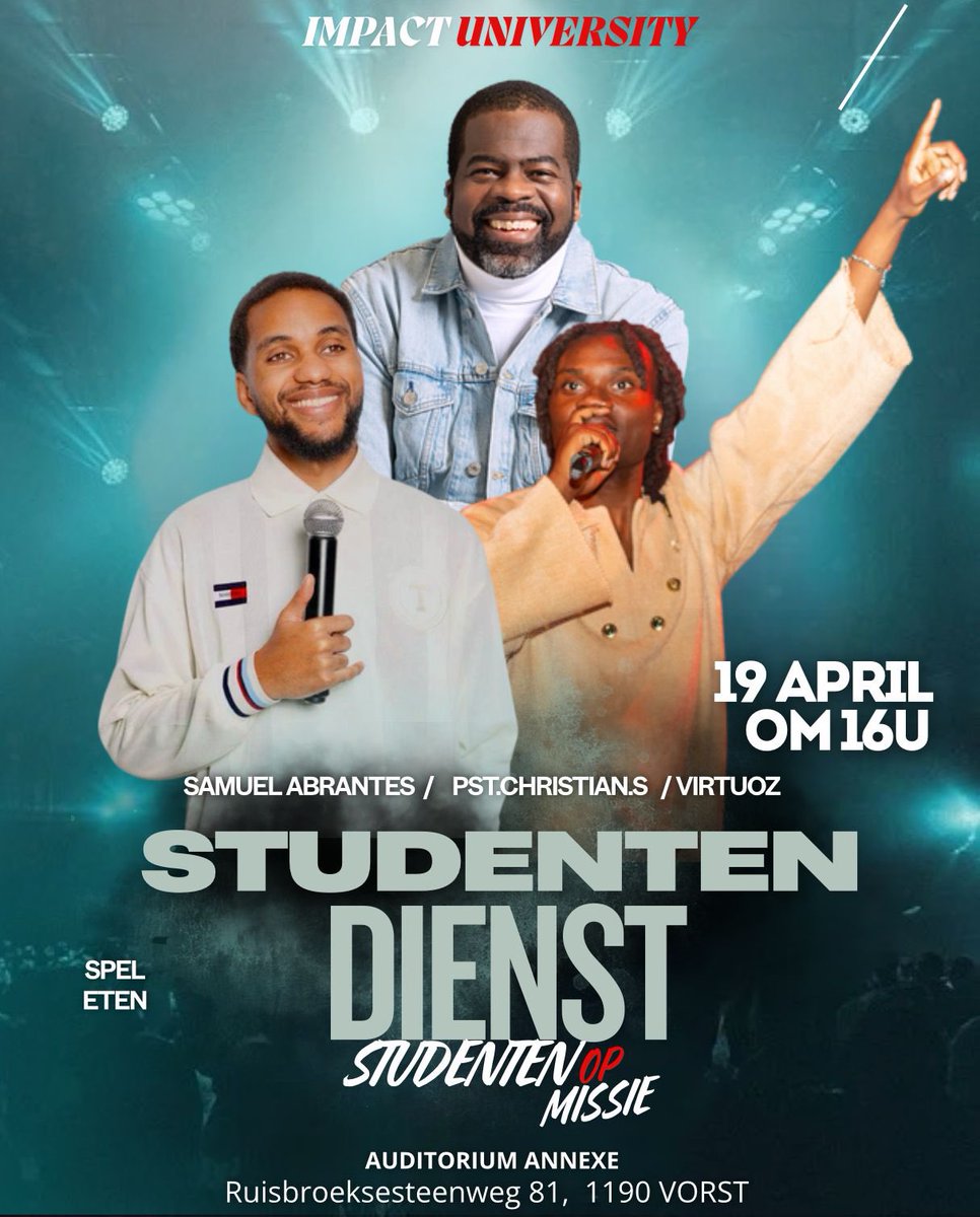 SamuelAbrantesW's tweet photo. 🇧🇪 Impact University t’invite à son tout 1er CULTE DES ÉTUDIANTS
Samedi 19 avril | 16h00
Thème : Étudiants en mission !

Tu es étudiant ? Ou tu vas le devenir ? Ce moment est pour TOI ! Un culte de réveil spirituel, 100% jeune, 100% Dieu  également traduit en néerlandais https://t.co/GzqZNnTsYg