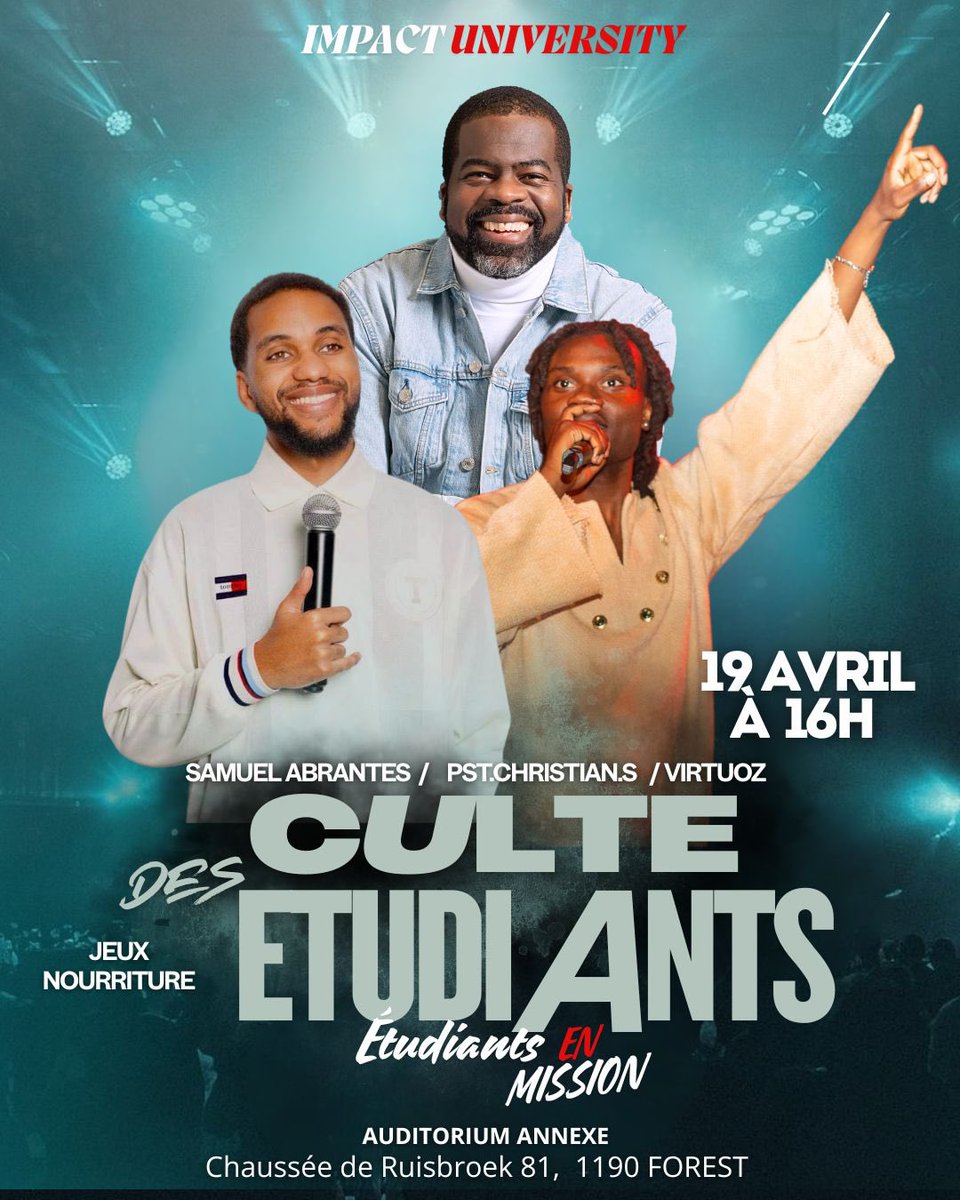 SamuelAbrantesW's tweet photo. 🇧🇪 Impact University t’invite à son tout 1er CULTE DES ÉTUDIANTS
Samedi 19 avril | 16h00
Thème : Étudiants en mission !

Tu es étudiant ? Ou tu vas le devenir ? Ce moment est pour TOI ! Un culte de réveil spirituel, 100% jeune, 100% Dieu  également traduit en néerlandais https://t.co/GzqZNnTsYg