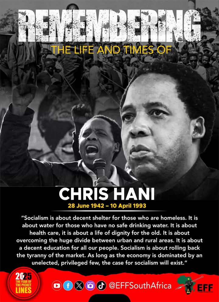 Cde_MM_Mandela's tweet photo. They killed Chris Hani to kill the revolution, to silence the dream of a free, equal South Africa.
But his vision lives in the hearts of the poor, the landless, the forgotten.

We remember. We rise. We fight.
#RememberChrisHani #FinishHanisFight #PowerToThePeople https://t.co/Vi3ugRed9Q