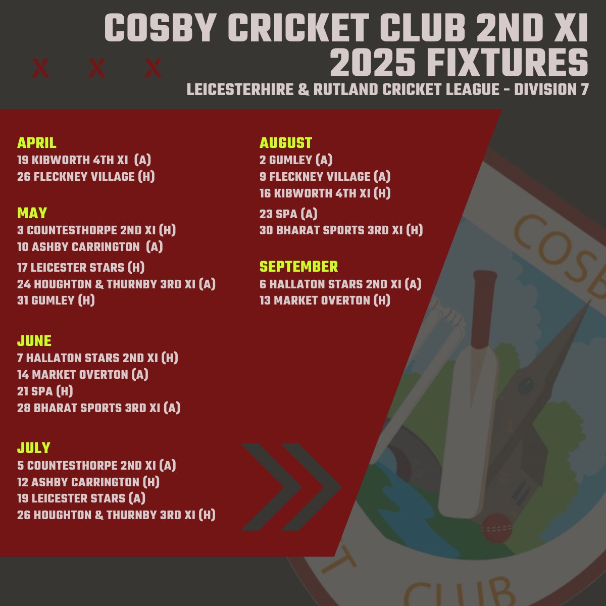 cosbycricket's tweet photo. 🏏 Our 1st XI & 2nd XI 2025 fixtures! Everyone at the club is excited to get going now! Winter training has been very good, lads looking fresh 🤙🏼 #cosbycricket #leicestershire #uptheccc #someclique #barking https://t.co/OQKIDiKMsp
