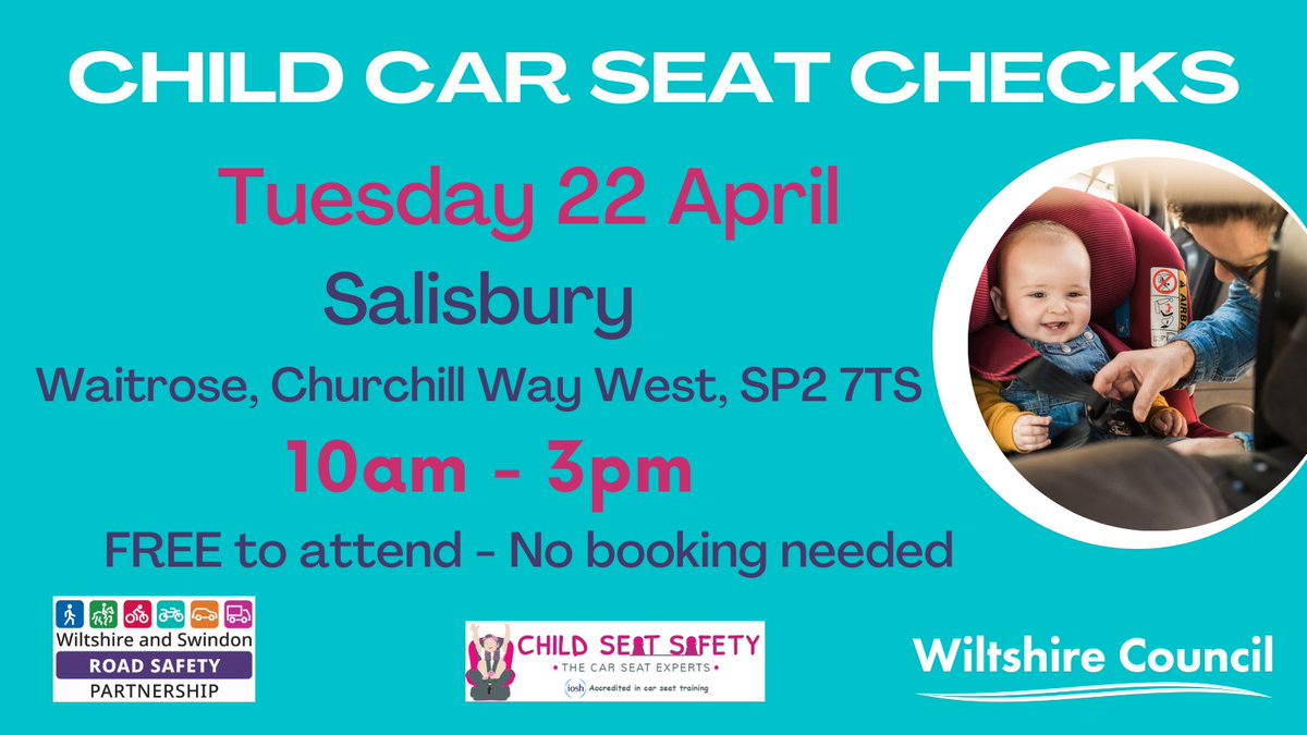 📢Calling all parents, grandparents &amp; child carers in #Salisbury! Pop along to our car seat safety event at Waitrose next Tuesday (22nd) for FREE fitting &amp; safety checks &amp; expert &amp; independent advice on choosing &amp; using the right seat for your child, family &amp; vehicle. 10am-3pm