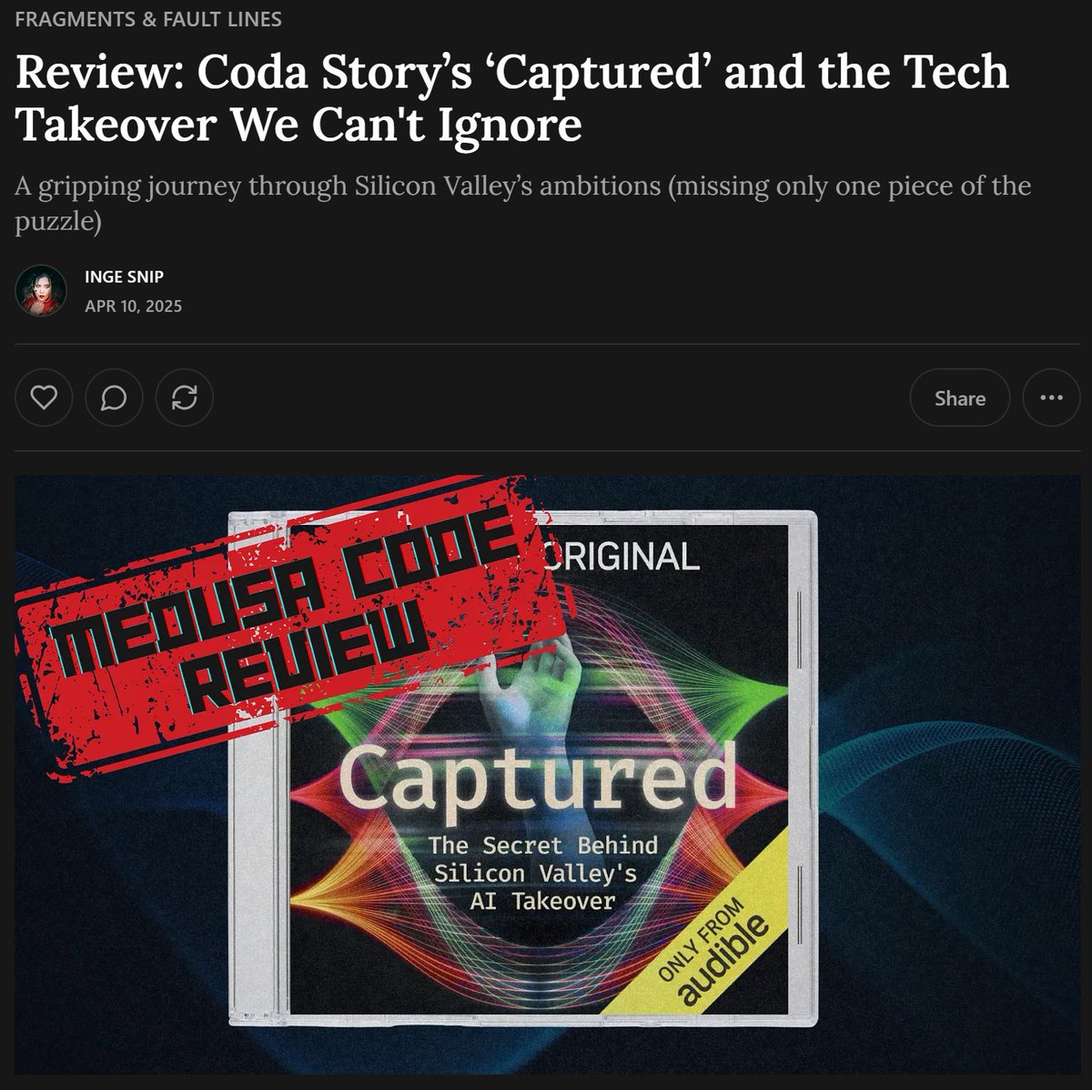 Inge Snip (@lingelien) on Twitter photo 'Captured' is the kind of journalism we need right now: sharp, human, unafraid to sit with complexity. Huge respect to <a href="/isocockerell/">Isobel Cockerell</a> & the <a href="/CodaStory/">Coda Story</a> team led by <a href="/antelava/">natalia antelava</a>, for telling this story the way it needed to be told.
My review + 1 small critique:
themedusacode.substack.com/p/review-coda-… 'Captured' is the kind of journalism we need right now: sharp, human, unafraid to sit with complexity. Huge respect to <a href="/isocockerell/">Isobel Cockerell</a> & the <a href="/CodaStory/">Coda Story</a> team led by <a href="/antelava/">natalia antelava</a>, for telling this story the way it needed to be told.
My review + 1 small critique:
themedusacode.substack.com/p/review-coda-…