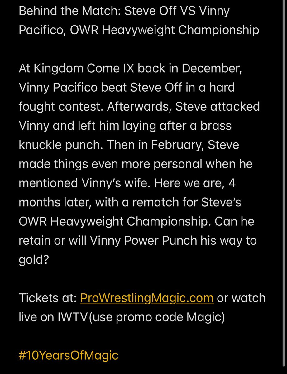 WrestlingMagic's tweet photo. Behind the Match: @IHateSteveOff VS @VinnyPacifico1 OWR Heavyweight Championship This Saturday! 

https://t.co/KlqFXIUAtQ @indiewrestling 

#10YearsOfMagic https://t.co/XSDHL1d3hF