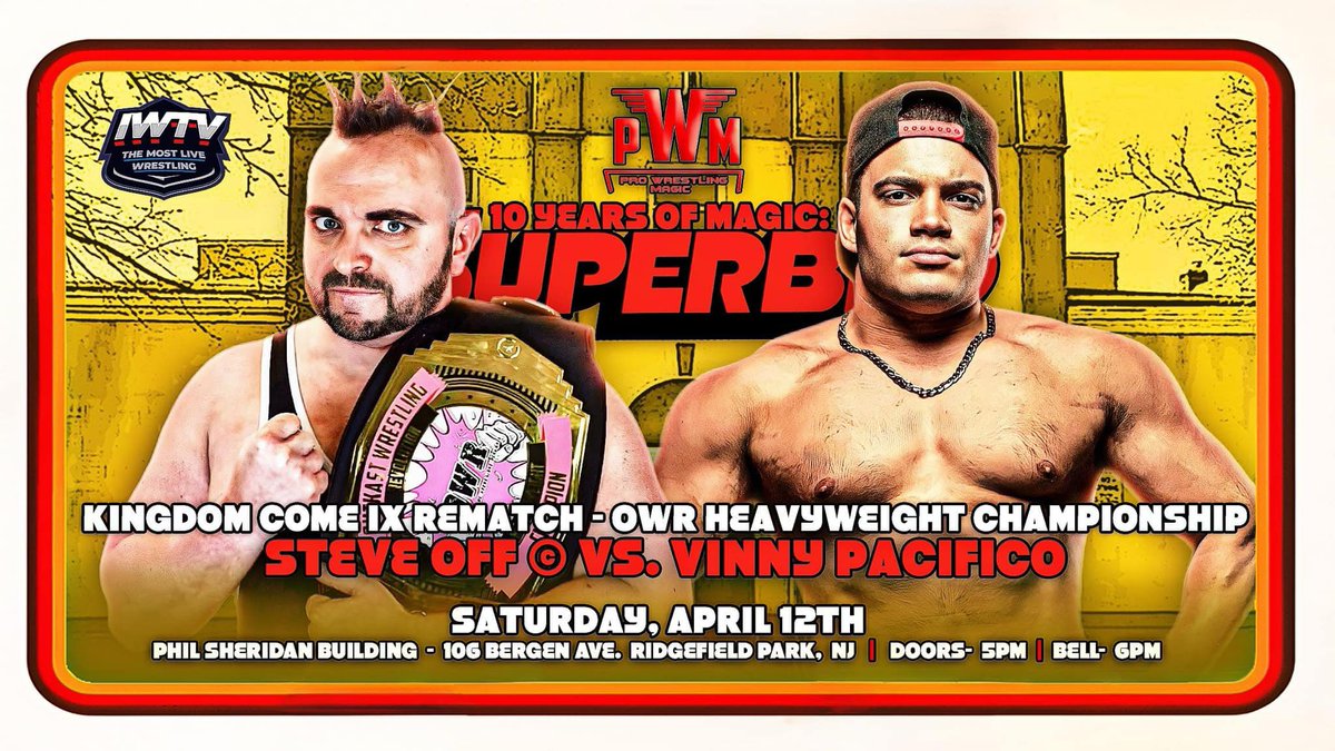 WrestlingMagic's tweet photo. Behind the Match: @IHateSteveOff VS @VinnyPacifico1 OWR Heavyweight Championship This Saturday! 

https://t.co/KlqFXIUAtQ @indiewrestling 

#10YearsOfMagic https://t.co/XSDHL1d3hF