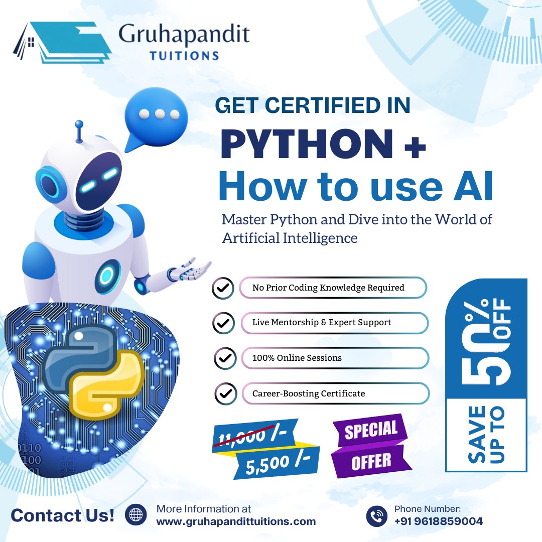 gruhapandi47996's tweet photo. 🚀 Master Python &amp; Learn How to Use AI – No Experience Needed! 🎉 LIMITED TIME OFFER – Now at ₹5,500/- ( ₹11,000/- )
📲 +91 9618859004
🌐 https://t.co/C0I9Gapqga
#GeuhapanditTuitions #Online #PythonProgramming #ArtificialIntelligence #LearnAI #CodingForBeginners #OnlineLearning https://t.co/G89njdy5Bg