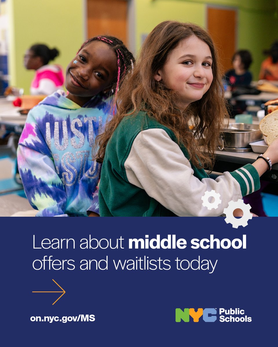 NYCSchools's tweet photo. Hey NYC families! ✌️
 
Middle school offer letters for the 2025-2026 school year are now live! 😄
 
To review your offer, join waitlists, and learn about virtual events, visit: https://t.co/NLtWx0cyq3 https://t.co/p94ZCUx6le