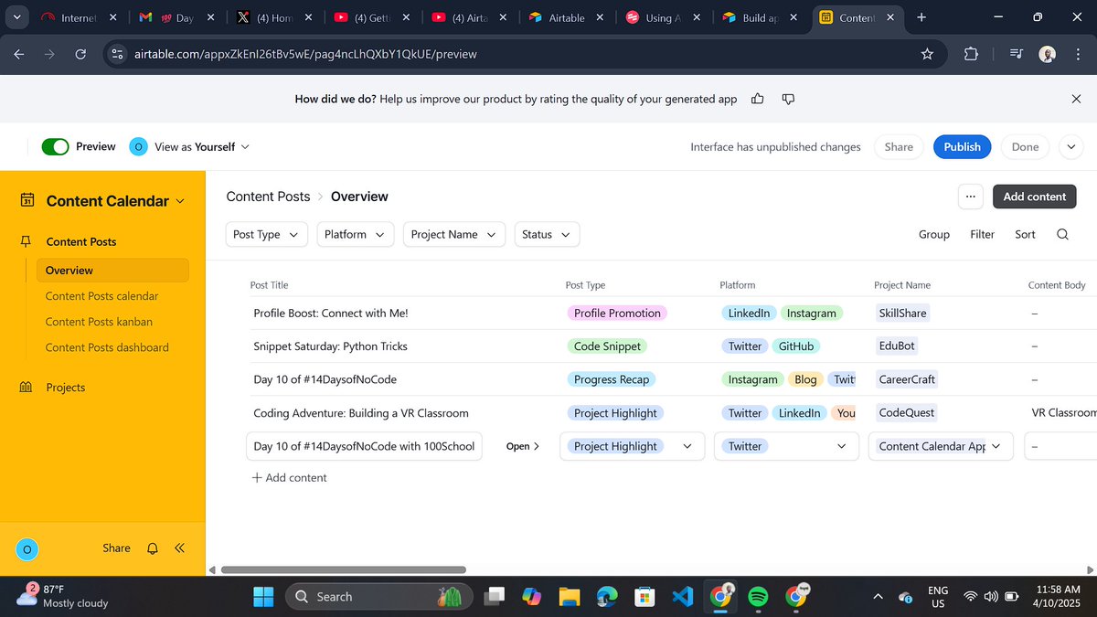 ChimezieOnyeali's tweet photo. Day 10 of #14DaysofNoCode with #100school π―
Today I built a web apps using @airtable Cobuilder.
I created a Content Calendar App to plan and schedule posts for the end of my challenge,with post types, platforms, status, and project links.
Here's what I've built π https://t.co/ieRamysnrQ