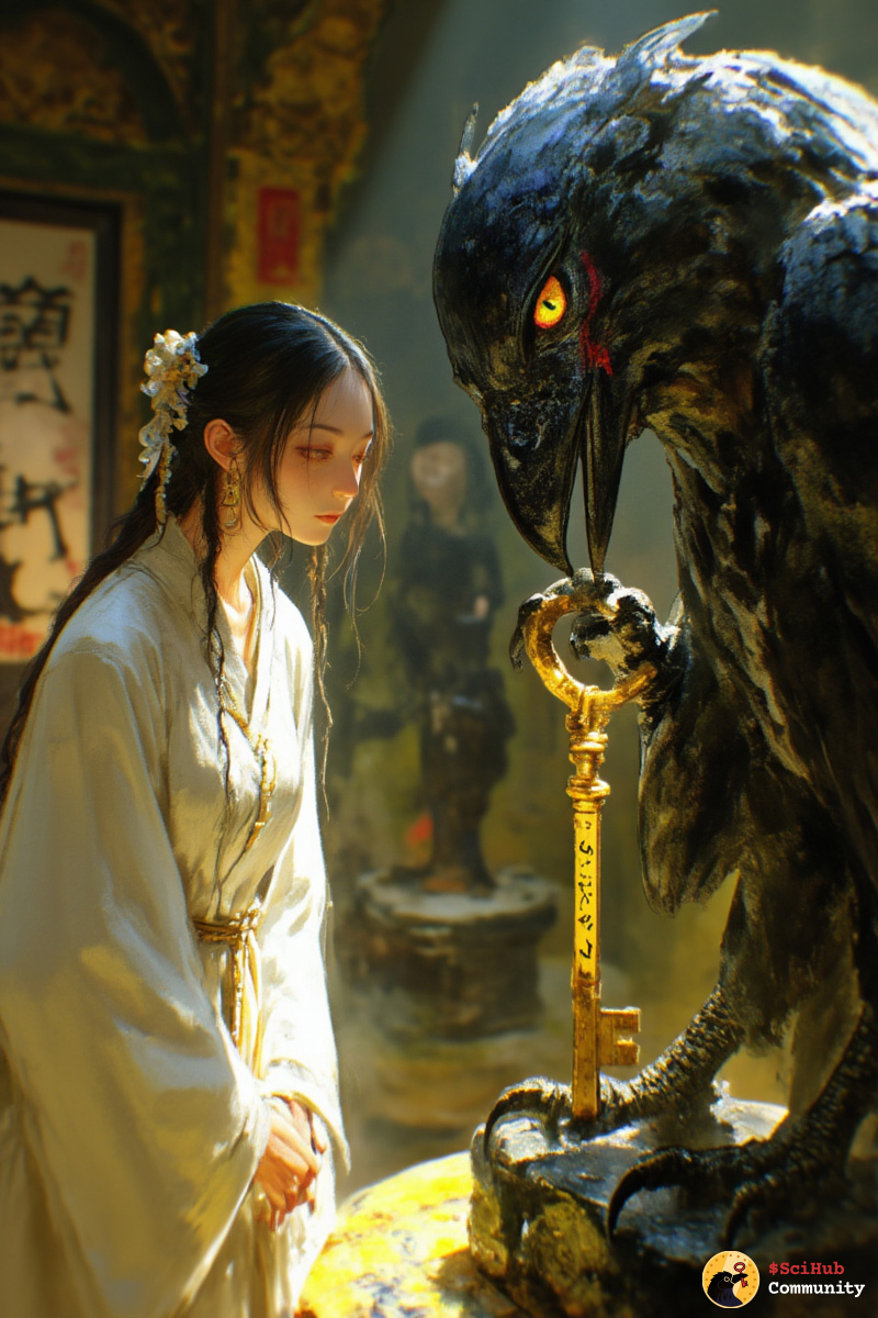 白衣女子对望灵鸦雕塑，金钥已融入身体 #scihub