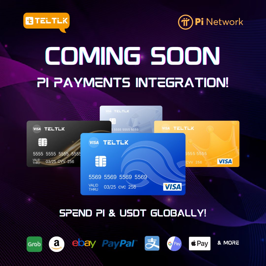 🚨 COMING SOON
PI PAYMENTS INTEGRATION

Get ready to spend $PI &amp; $USDT globally with Teltlk’s new Visa Card! 🌍💳
Shop on Amazon, eBay, PayPal, Grab, Google Pay, Apple Pay &amp; more! 🛒🔥
Stay tuned. The future of Web3 payments is here

#PiNetwork #Teltlk #CryptoPayments #Web3 #USDT