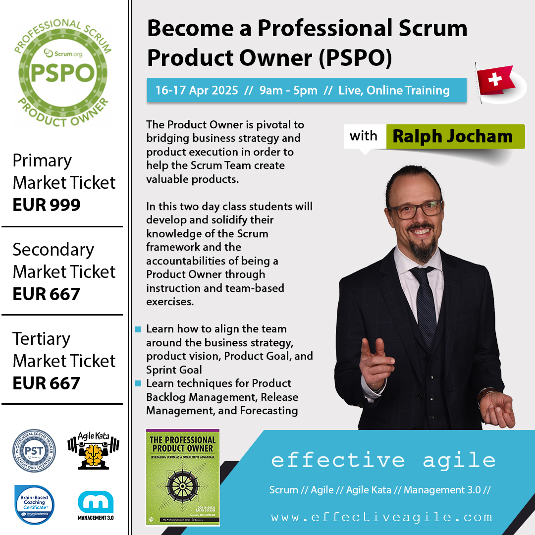 🚨 Strategic Agility for Product Leaders  
🗓️ 16–17 April 2025 | 🕘 9am–5pm | 💻 Live, Online Training  
🎓 Led by Ralph Jocham – Europe’s First Professional Scrum Trainer

Primary Market: €999 | Secondary Market: €667  
📚 Includes materials, workbook + PSPO certification exam