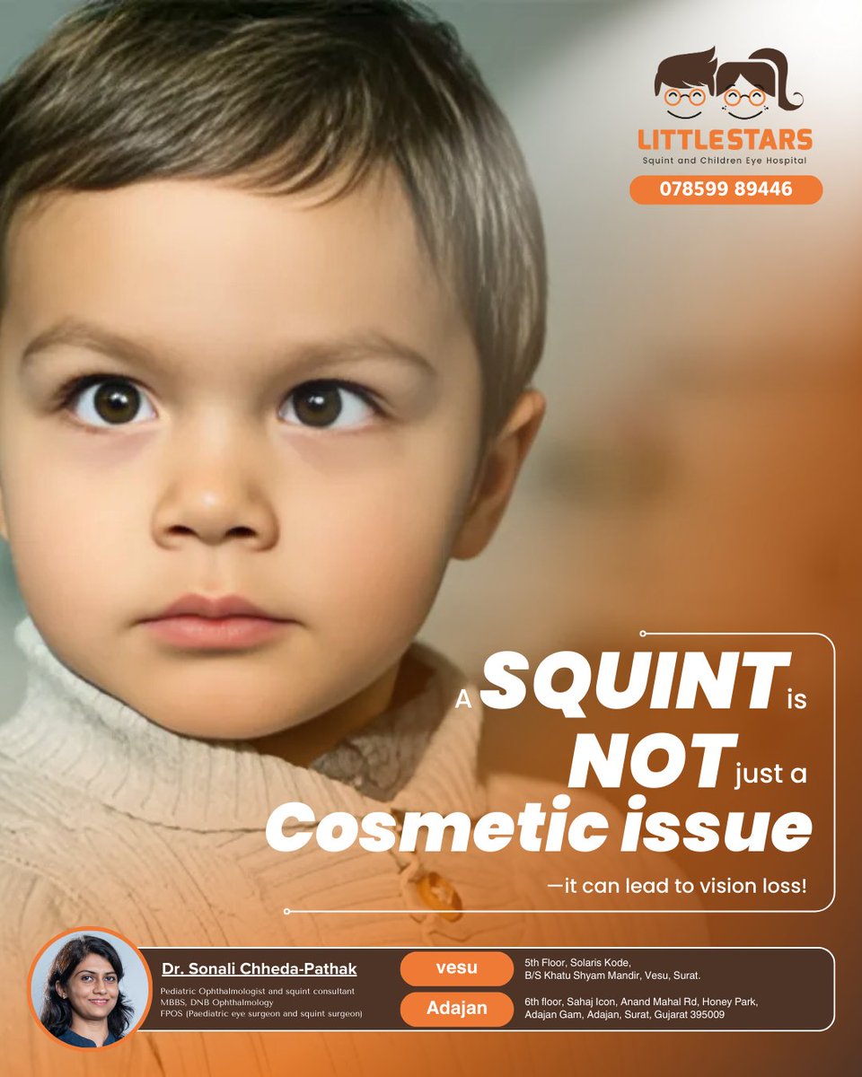 LittleStarsEye's tweet photo. 🚨Think a squint is just about looks? Think again! 👀
A squint (strabismus) isn’t just cosmetic—it can cause permanent vision loss if left untreated! 
‍⚕ Consult Dr. Sonali Chheda-Pathak, Pediatric Eye &amp; Squint Specialist
📍 Surat | Bharuch | Bardoli | Ahmedabad | Pune https://t.co/iLUcUXt3iZ