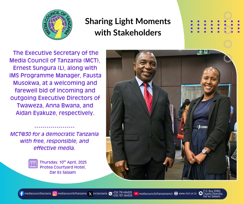 Dar Es Salaam: 10.04.2025: Katibu Mtendaji wa Baraza la Habari Tanzania (MCT), Ernest Sungura,  ameshiriki katika hafla ya kumuaga aliyekuwa Mkurugenzi  Mtendaji wa Twaweza, Aidan Eyakuze na kumkaribisha Mkurugenzi mpya Anna Bwana.