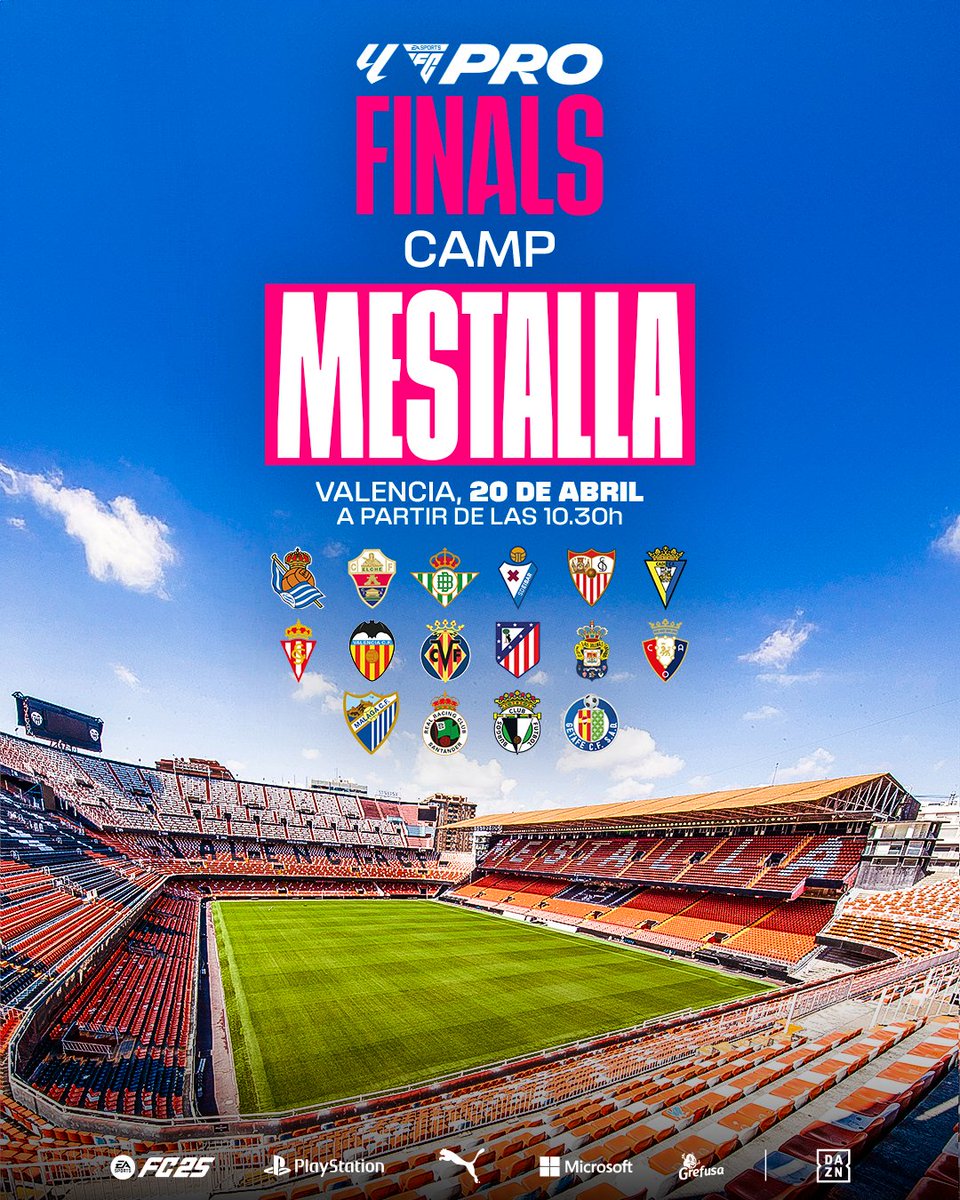 ¡#LALIGAFCPRO FINALS SE VA A VALENCIA! 🍊 

El Estadio de Mestalla coronará al campeón de #LALIGAFCPRO tras haber disputado Supercup, Temporada Regular y CUP en esta temporada 24/25 🏟️ 

Os esperamos el 20 de abril desde las 10:30h con lo mejor de la competición, actividades y la