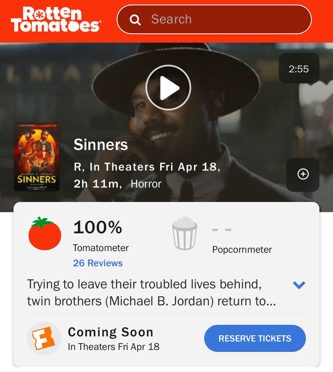FilmUpdates's tweet photo. Ryan Coogler’s ‘SINNERS’ debuts with a perfect score of 100% on Rotten Tomatoes.

In theatres April 18. https://t.co/X4Fu56kIbK