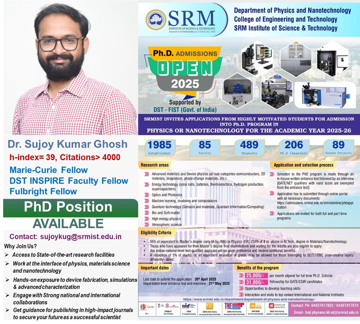 sujoykumar19's tweet photo. 🎓 PhD Position Available!
Join @SRMIST under the mentorship of Dr. Sujoy Kumar Ghosh in cutting-edge research on physics, materials science &amp; nanotech.
📬 Contact: sujoykug@srmist.edu.in
#PhD #ResearchOpportunity #Nanotech https://t.co/kV4qjfgQ3c