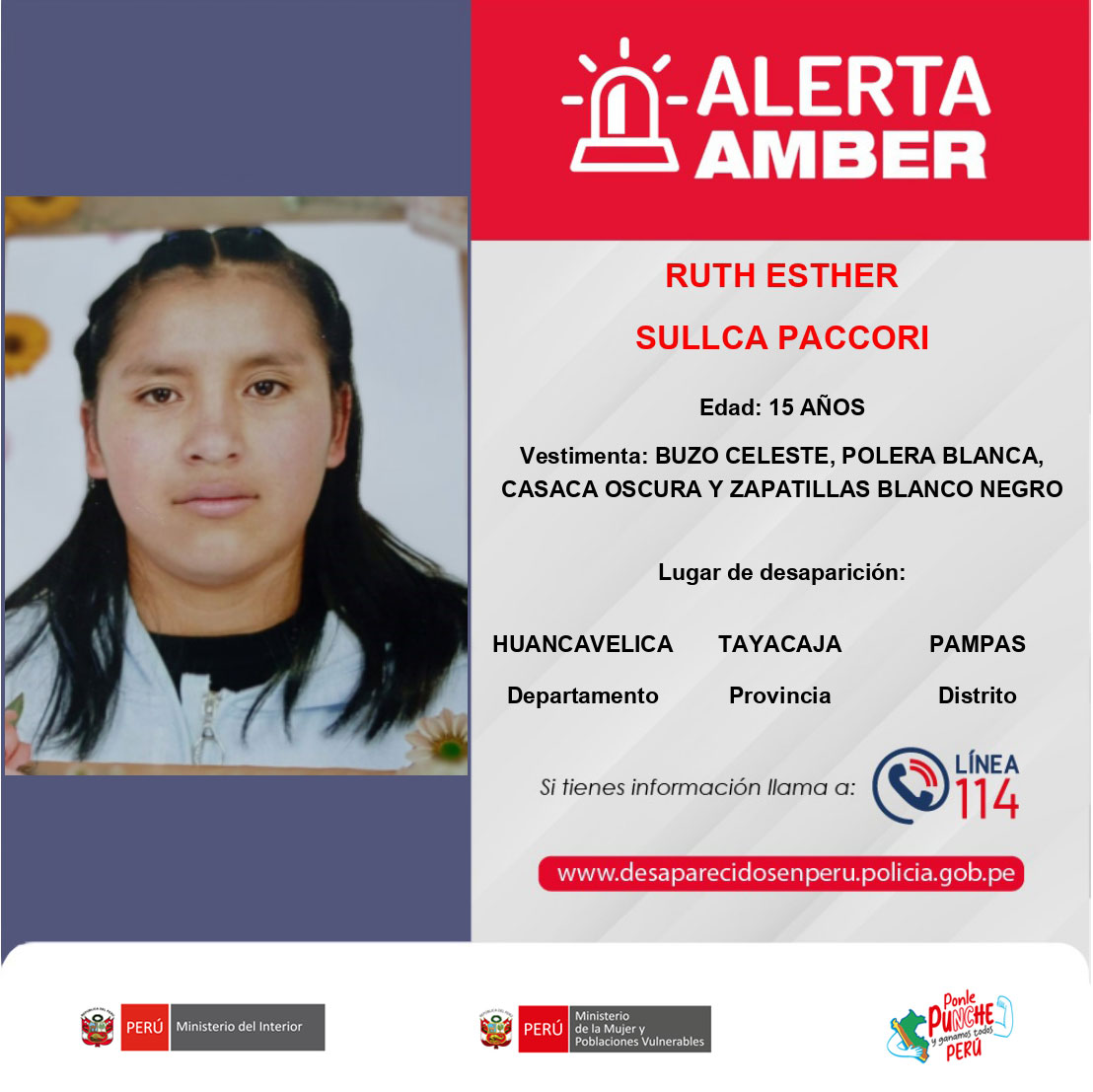 MimpPeru's tweet photo. #AlertaAmber 🚨  Han desaparecido:
▶️ El niño JOSE ELIAS FERNANDEZ LEON, de 11 años,  en el distrito de distrito de Ate, provincia de Lima, región Lima.  
▶️ La adolescente RUTH ESTHER SULLCA PACCORI, de 15 años, en el distrito de Pampas, provincia de Tayacaja, región Huancavelica.  
 
Si tienes información sobre sus paraderos, comunícate con la línea 114. 
🔁 Comparte y ayúdanos a encontrarlo y encontrarla. #DesaparecidosPerú
