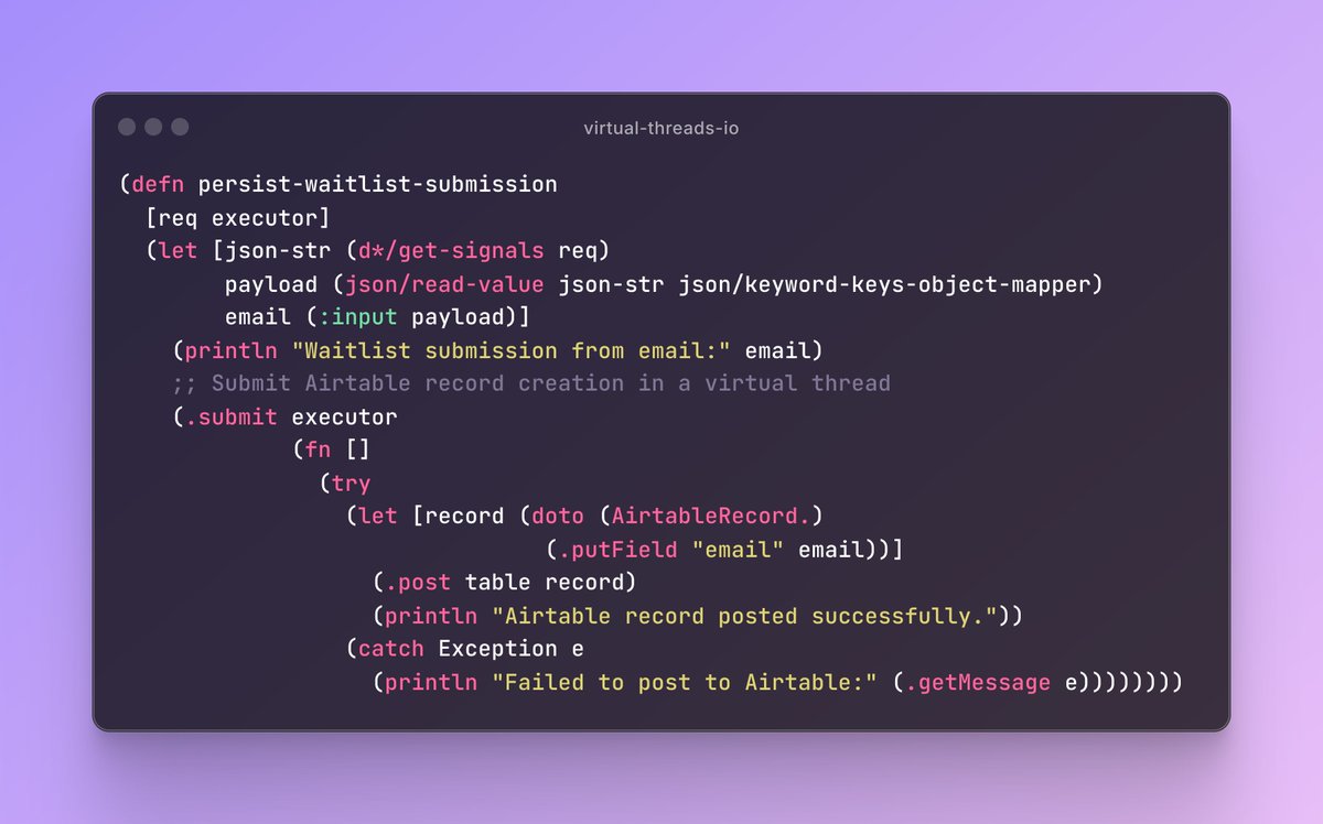 AntLobach's tweet image. The beauty of virtual threads for non-blocking I/O: just clean, sequential code. That’s a big part of what makes Clojure such an awesome language for web dev right now.
