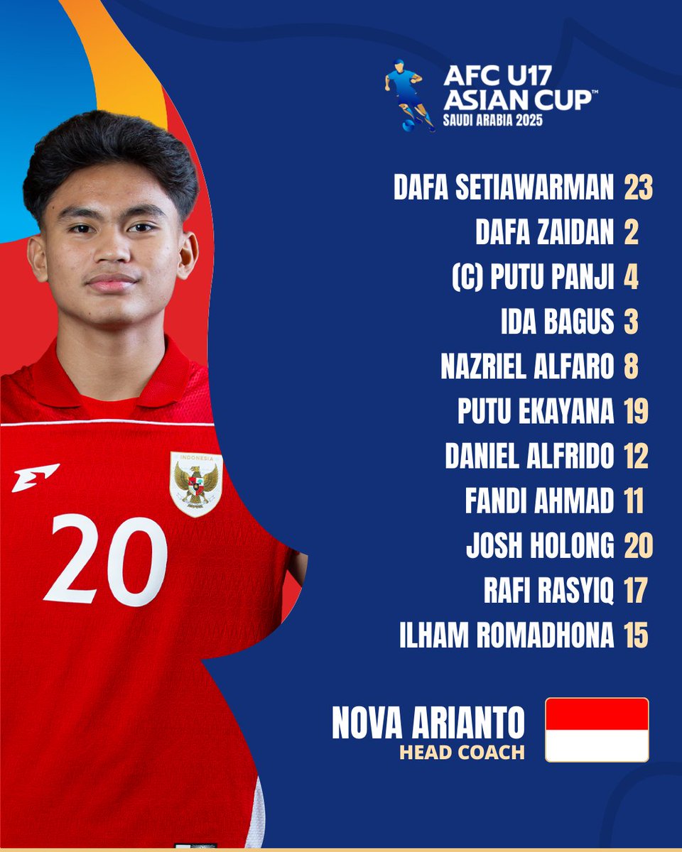 afcasiancup's tweet photo. LINEUPS | 🇦🇫 Afghanistan 🆚 Indonesia 🇮🇩
Who grabs the 3️⃣ points on the final matchday? 🔥
Watch 𝙇𝙄𝙑𝙀: https://t.co/OlrR8BXf8H
#AFCU17 | #AFGvIDN https://t.co/Z99aRRQ1WV