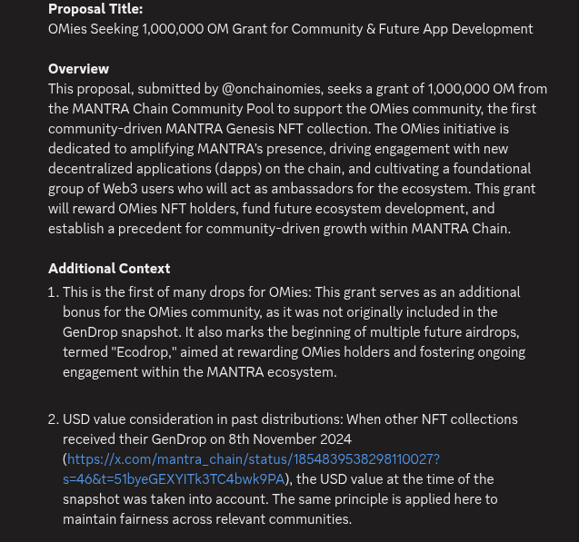 Huge announcement in <a href="/OnchainOMies/">OMies 🏡</a> discord:

A governance proposal is coming to <a href="/MANTRA_Chain/">MANTRA | The EVM L1 for RWAs</a> soon:
"OMies Seeking 1,000,000 OM Grant for Community &amp; Future App Development"

GENDROP from sibyls to OMies...
1/3🧵
