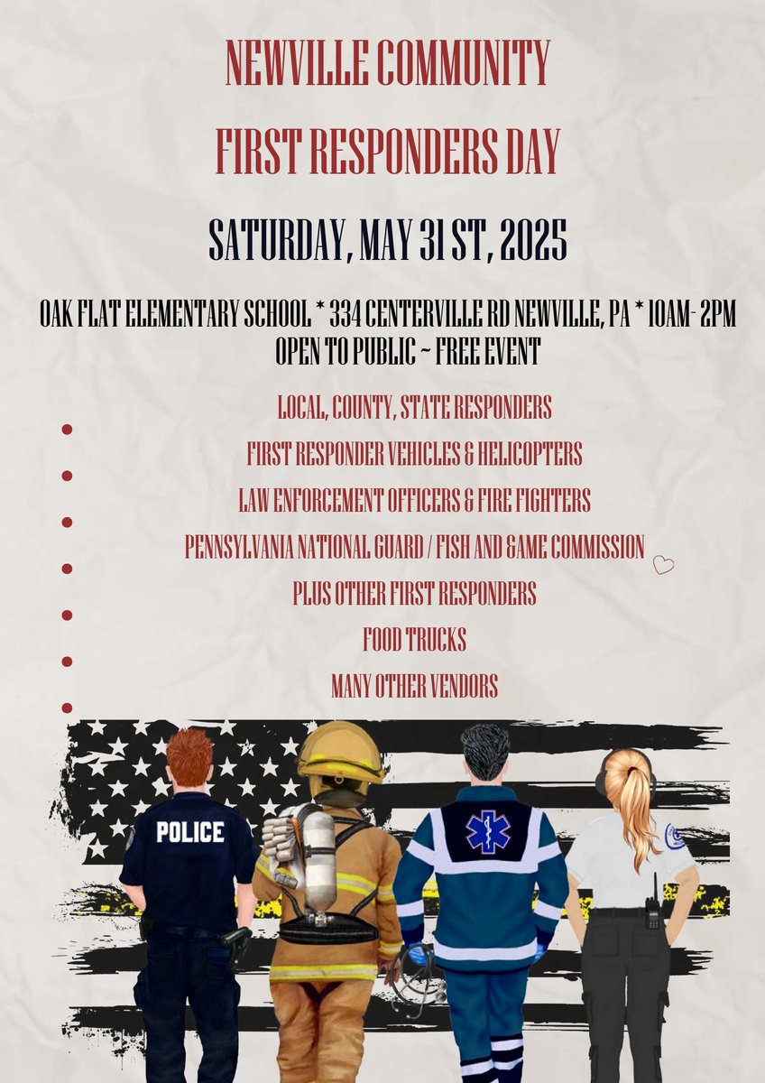 Join us for the Newville Community First Responder's Day on Saturday, May 31 at Oak Flat Elementary School from 10 AM to 2 PM. This is an awesome FREE event open to the public!