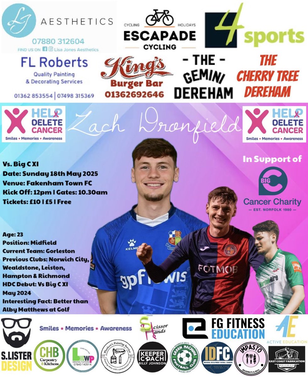 Help Delete Cancer (@delete_cancer) on Twitter photo Dynamo Dronfield Delivery Delight! βοΈ
Exciting to have <a href="/dronnerss/">Zach Dronfield</a> back again this year for a great game in prospect!
π
Sunday 18th May 2025
π Big C XI
β° Kick Off 12pm
π <a href="/fakenhamtownfc/">Fakenham Town FC</a>
π eventbrite.co.uk/e/big-c-xi-chaβ¦
Supporting the amazing <a href="/bigctweets/">Big C Cancer Charity</a>
β€οΈποΈ Dynamo Dronfield Delivery Delight! βοΈ
Exciting to have <a href="/dronnerss/">Zach Dronfield</a> back again this year for a great game in prospect!
π
Sunday 18th May 2025
π Big C XI
β° Kick Off 12pm
π <a href="/fakenhamtownfc/">Fakenham Town FC</a>
π eventbrite.co.uk/e/big-c-xi-chaβ¦
Supporting the amazing <a href="/bigctweets/">Big C Cancer Charity</a>
β€οΈποΈ