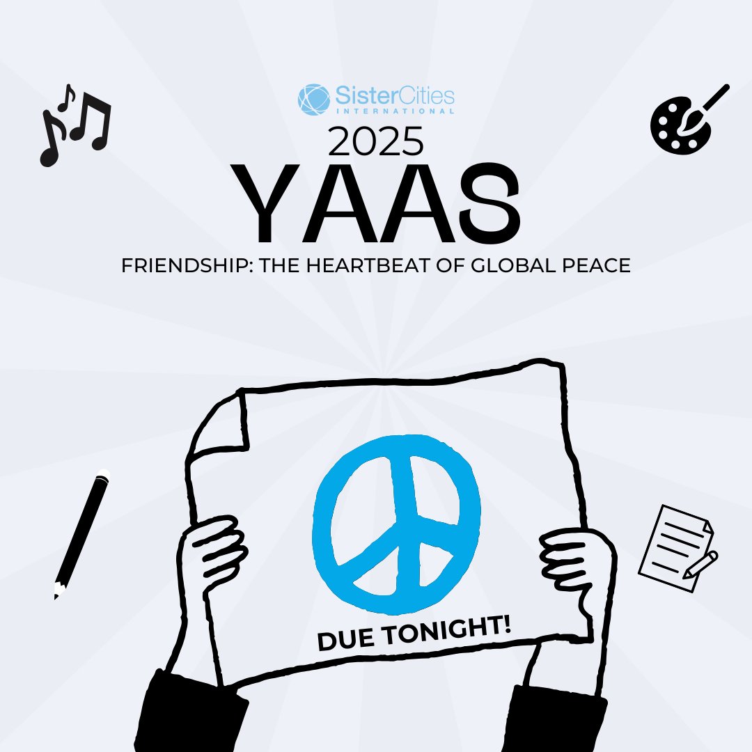 The deadline to apply for the 2025 Youth Artists and Authors Showcase is TONIGHT! This year's theme is "Friendship: The Heartbeat of Global Peace". Visit the link in our bio to learn more. #SisterCitiesInternational #yaas2025
sistercities.org/yaas/2025