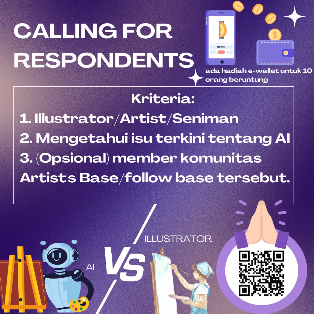 rin_quaint's tweet photo. hi guys! aku butuh banyak responden dengan kriteria: 
- ilustrator/artist/seniman
- mengetahui tentang AI
< https://t.co/Ve9EVue2bA >
Nanti akan ada hadiah e wallet buat 10 orang beruntung!! 
#responden #ilustrator #Artist #Seniman #Illustrator #kuesioner #AI #zonauang #zonajajan https://t.co/QW2Vk8TlVx