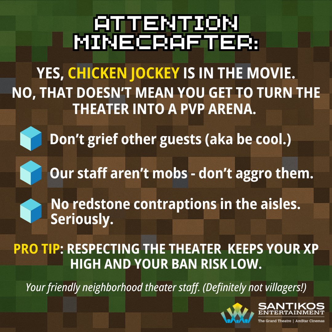 We LOVE #Minecraft but we also want the community to enjoy the epic film in a safe and fun environment 👾 Keep your XP high and your ban risk low when you visit our auditoriums!