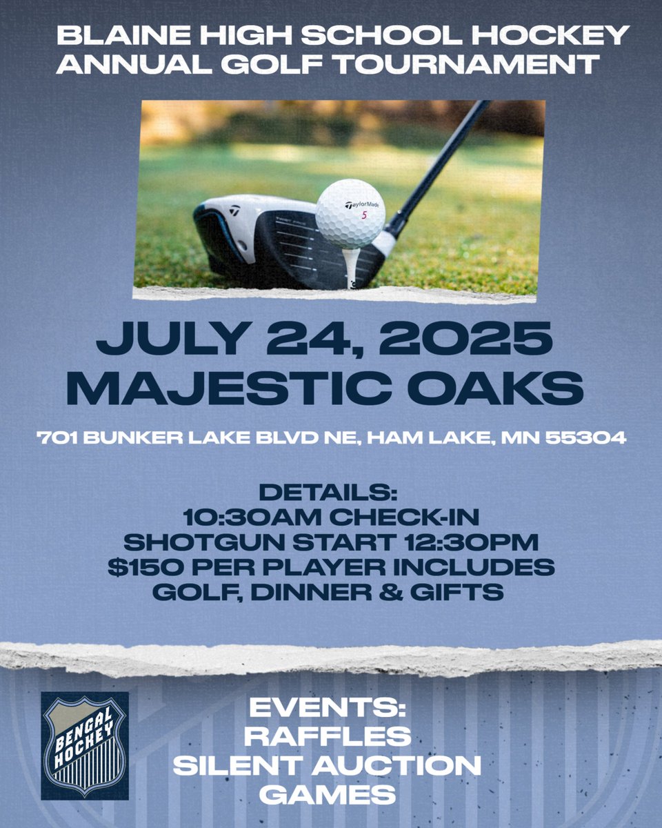 “Tee” minus 105 days until the 2025 Bengal Hockey Golf Tournament! Get your team locked in asap. Visit our official site to get more information and join us on July 24th.

blaineboyshockey.com/golf