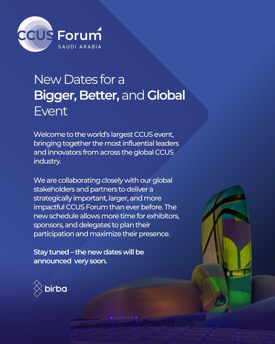 CCUS_forum's tweet photo. The CCUS Forum is growing, bigger, better, and more global🌍.
To welcome broader participation and enhance your experience, we’re rescheduling the forum.

📢 New dates coming soon stay tuned!

#CCUSForum #CarbonCapture #EnergyInnovation #CleanEnergy #EnergyTransition https://t.co/6QZJA7KZFr
