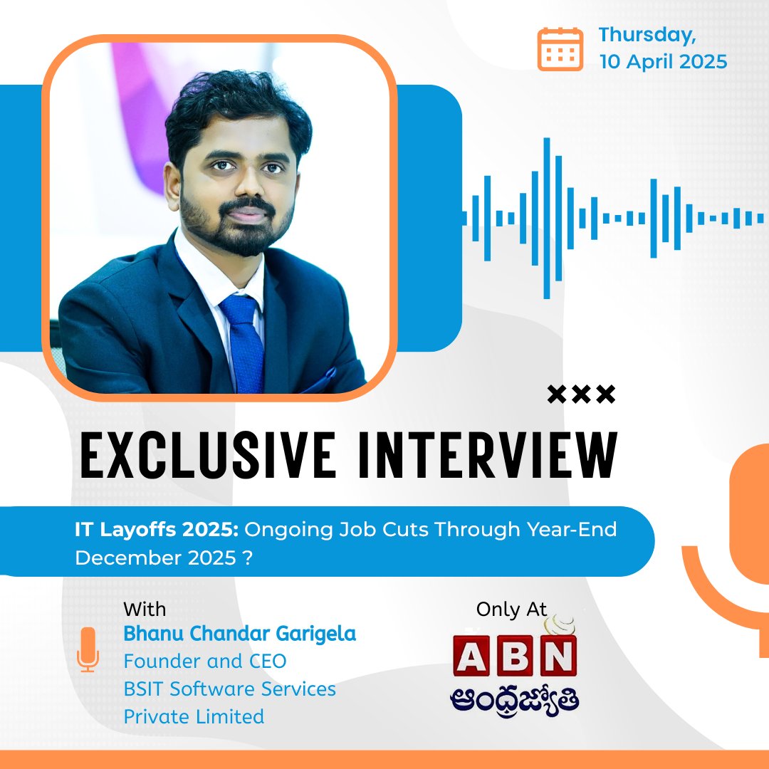 Bhanu_Garigela's tweet photo. 🚨 Talking IT Layoffs 2025 — My candid take with ABN Channel on ongoing job cuts, the road ahead for tech pros, and how leadership must evolve in uncertain times.
Grateful for the platform. Let’s keep pushing forward. 💼✨
#BSIT #BSITSoftware #BSITCEO #ABNInterview #TechIndustry2025 #Leadership #FutureOfWork