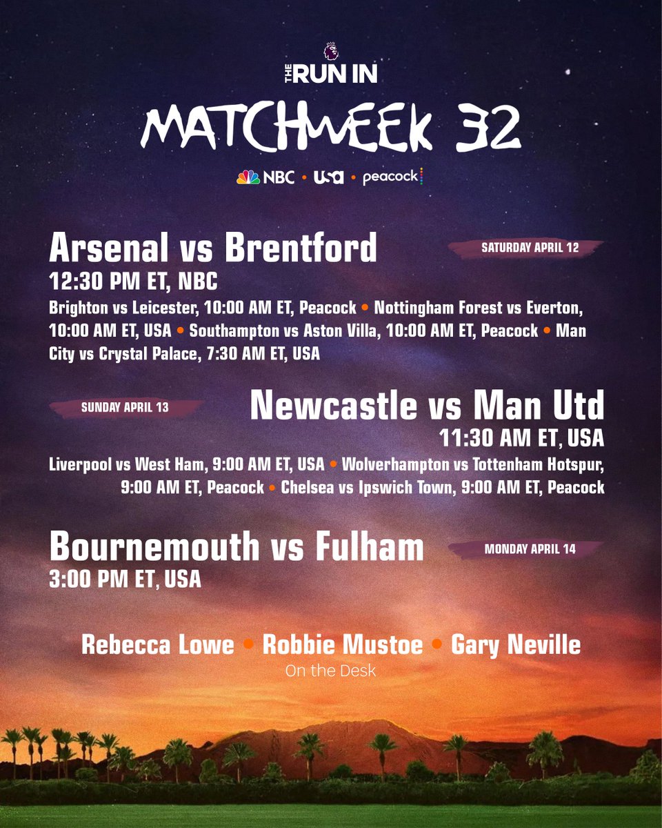 PLinUSA's tweet image. Matchweek 32 set times are out! 🕺💃

#TheRunIn