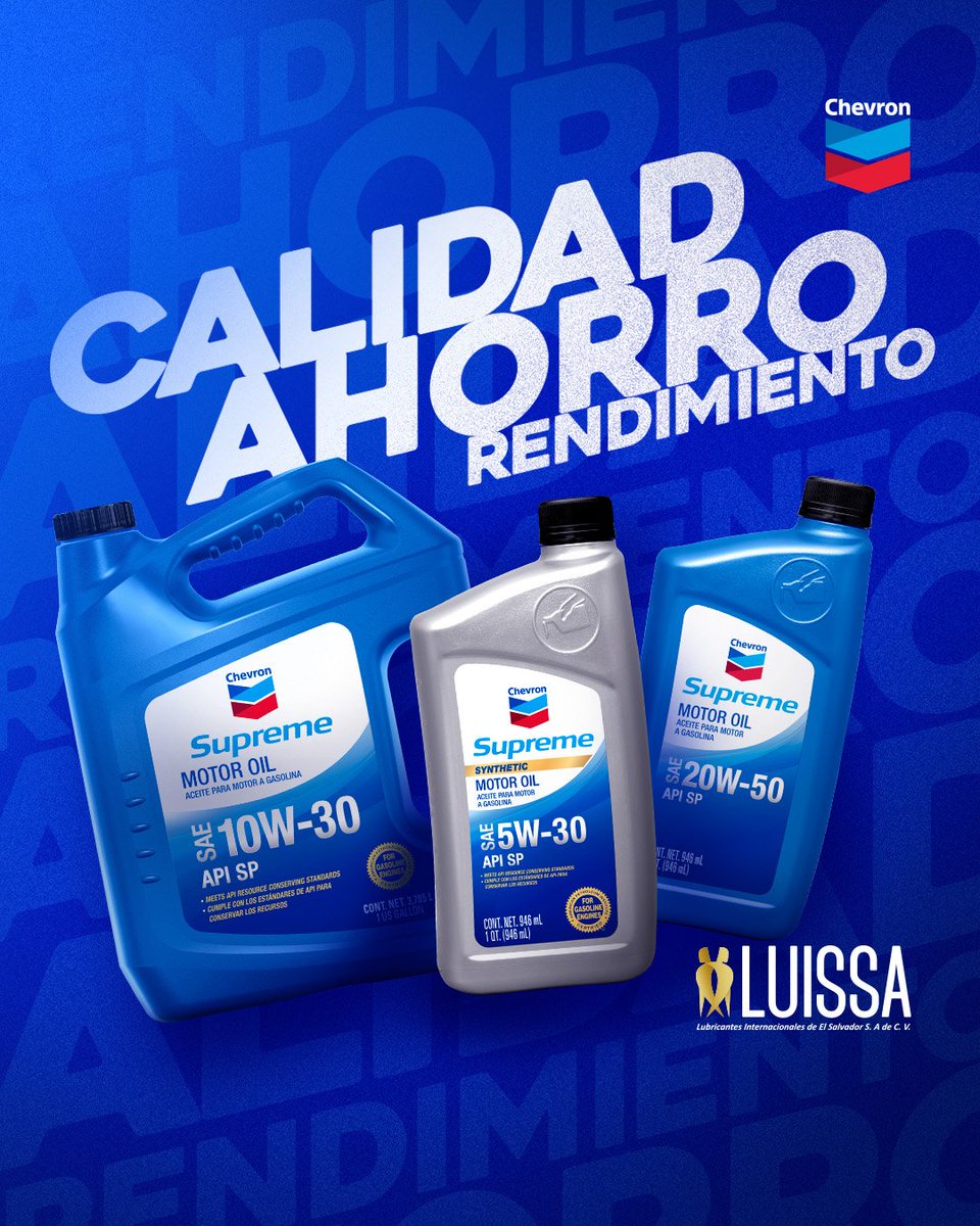 Luissa_sv's tweet photo. Ahora que ya lo sabes ¡Elije siempre #Supreme10W30 y #Supreme20W50🙌🏻 y #SupremeSynthetic5W30!

¿Quieres venderlos en tu lubricentro? Contáctanos al 7924-7463📲que con mucho gusto te ayudamos😎

#LUISSA
#CHEVRON
#SUPREME https://t.co/nKyNyQw3tv