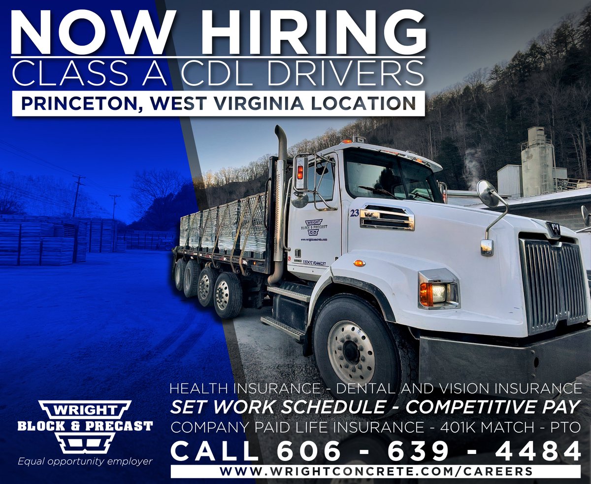 Wright_Concrete's tweet photo. Wright Block &amp; Precast is Hiring a Class A CDL Flatbed Driver!
Join our team in Princeton, WV, and enjoy regional routes with the opportunity to be home every night. apply online at https://t.co/2U6LQCInBh
Wright Block &amp; Precast is an Equal Opportunity Employer. https://t.co/1ljzKnsinc