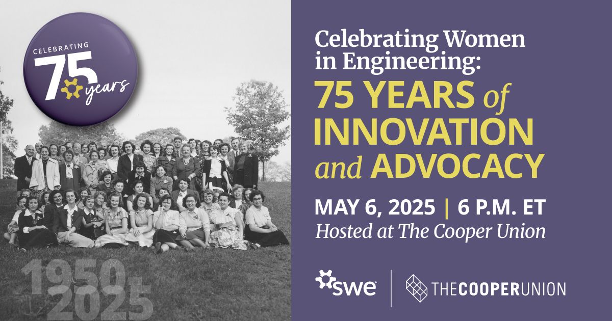 May 6 is not just any other day - it's our Founder's Day Celebration at the historic @CooperUnion in NYC! Get ready for a night of inspiration at "Celebrating Women in Engineering: 75 Years of Innovation and Advocacy." Register for this FREE event: lnkd.in/gMATpwYH #SWE75