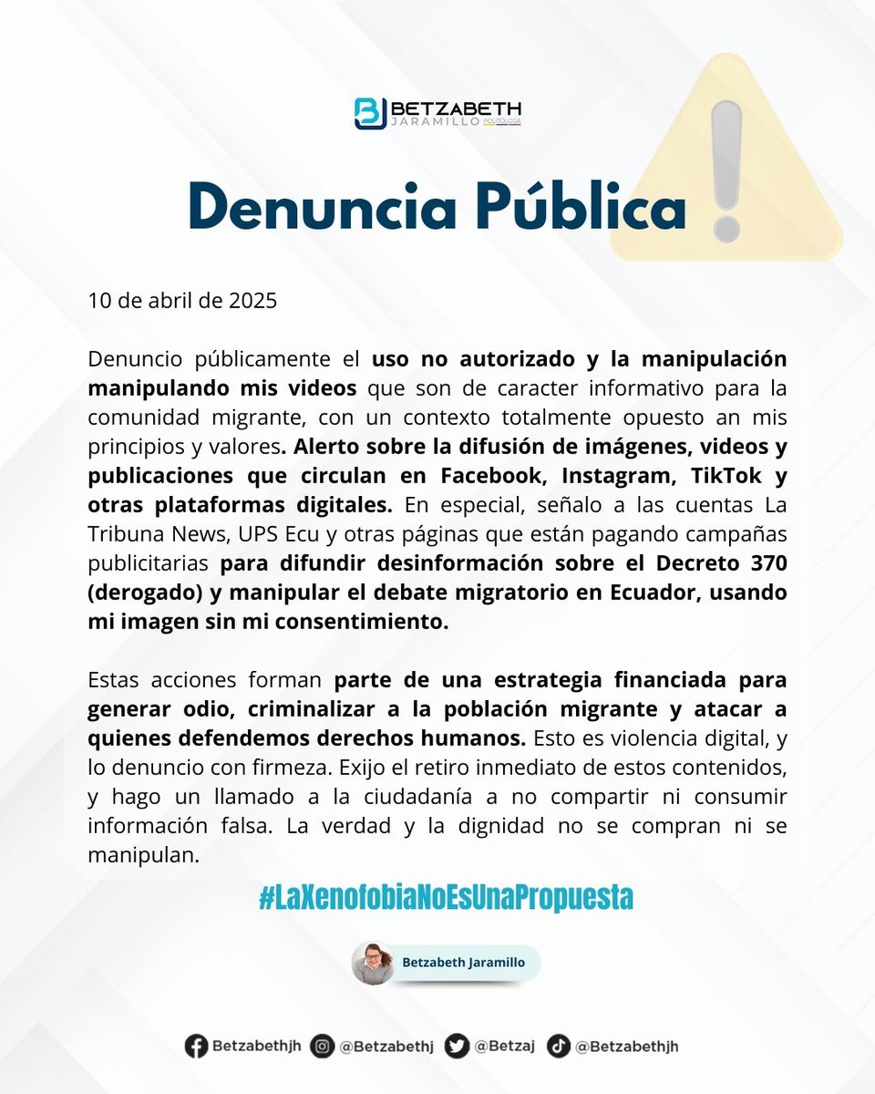 betzaj's tweet image. #DenunciaPúblicq ‼️ Ya manipularon contenido de ACNUR. Ahora usan mi imagen sin permiso y manipulada para pagar campañas de desinformación sobre el Decreto 370 y atacar a migrantes.
Esto es violencia digital.

Lo denuncio con firmeza.
#LaXenofobiaNoEsUnaPropuesta
(Ver comunicado…