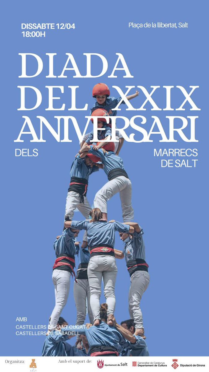Marrecs's tweet photo. Dissabte volem canviar d'any i de pis! Celebrem el nostre 29è aniversari de bateig al costat dels @saballuts i dels @gausacs.
A les 18.00 a la Plaça de la Llibertat de Salt. I després de sopar, festa grossa al local amb Kinder Show i PD Carmans!
#castells #ADNBlauTer #anysianys https://t.co/jIgG2HkOv6